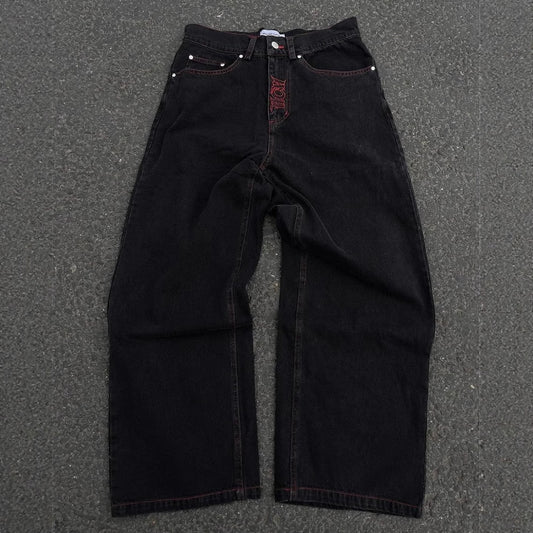 Retro Washed Denim Pants with Skull Embroidery