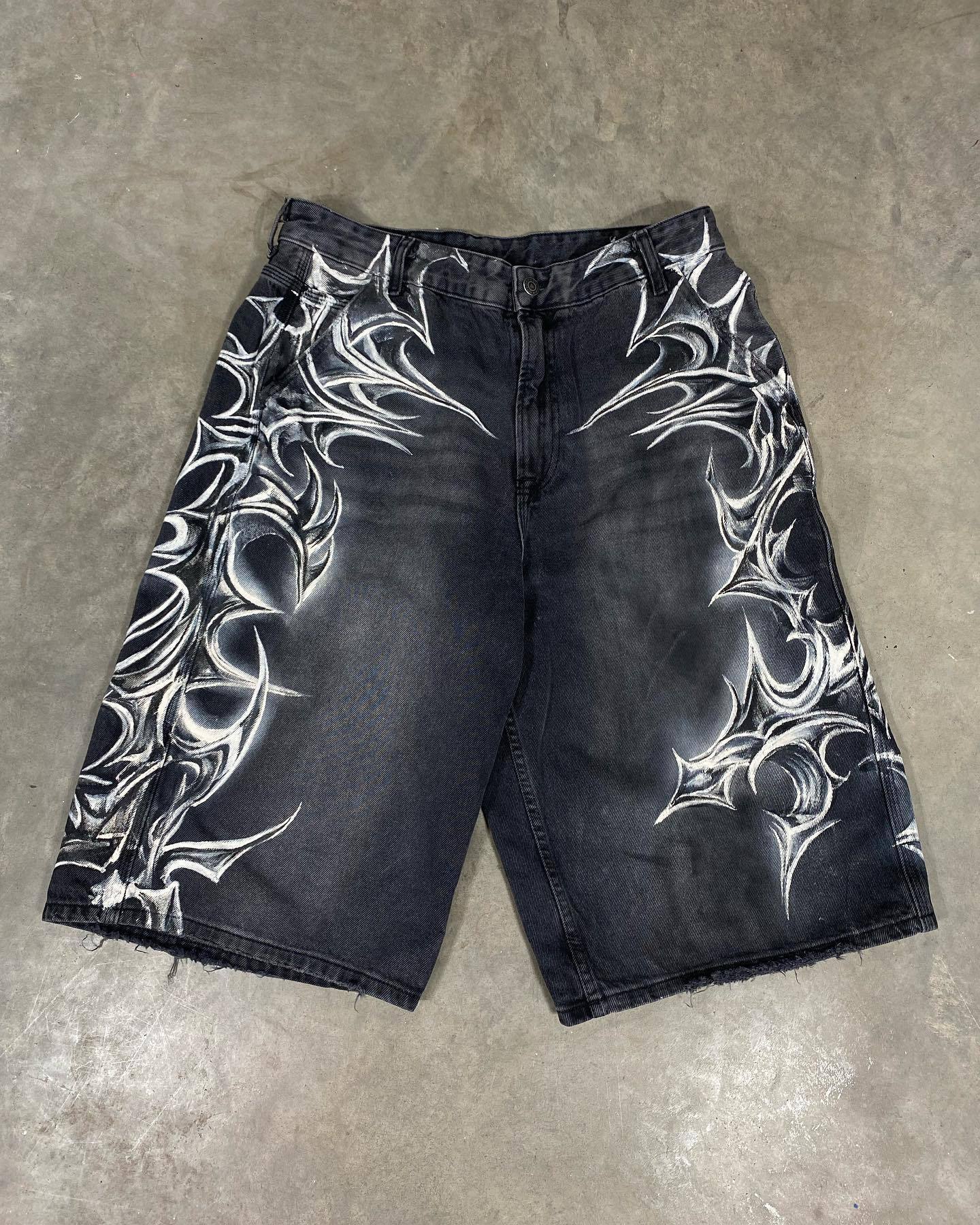 Retro Gothic Printed Denim Shorts