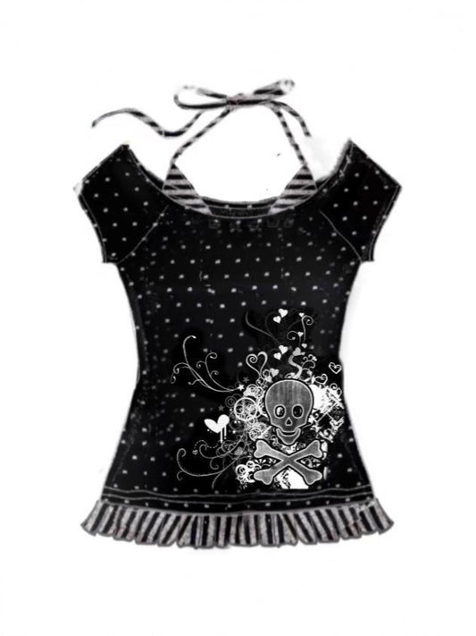 Gothic Skeleton Print Off-Shoulder T-Shirt