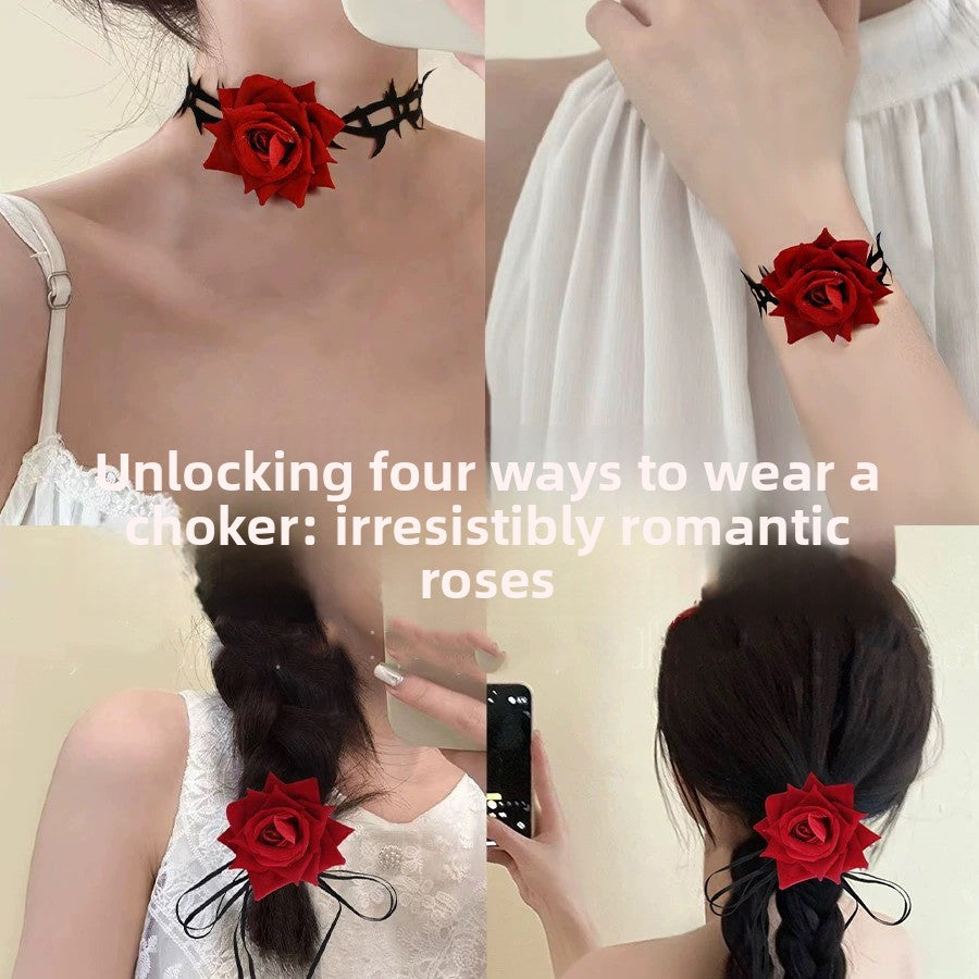 French Retro Red Rose Flower Collar