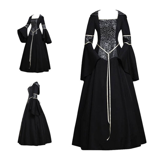 Medieval Gothic Hooded Dress with Flared Sleeves