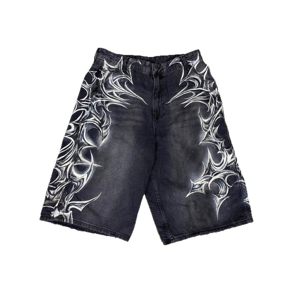Retro Gothic Printed Denim Shorts