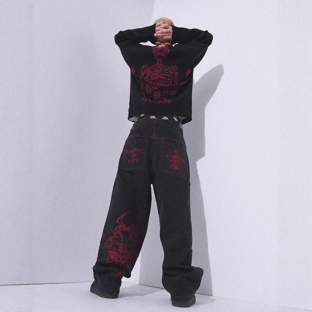 Retro Washed Denim Pants with Skull Embroidery