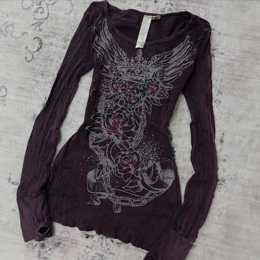 Gothic Rhinestone Printed Long Sleeve T-Shirt