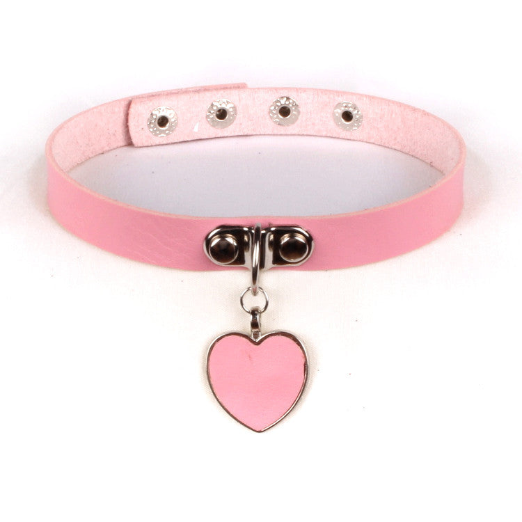 Adjustable Heart Pendant Leather Choker Necklace