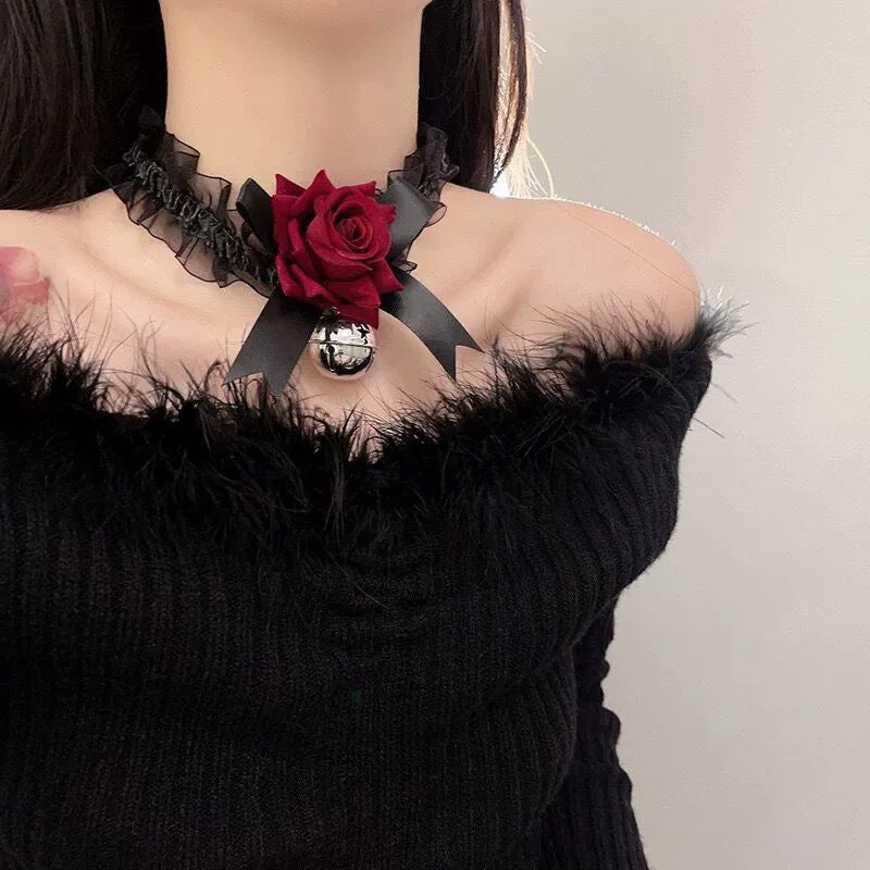 French Retro Red Rose Flower Collar