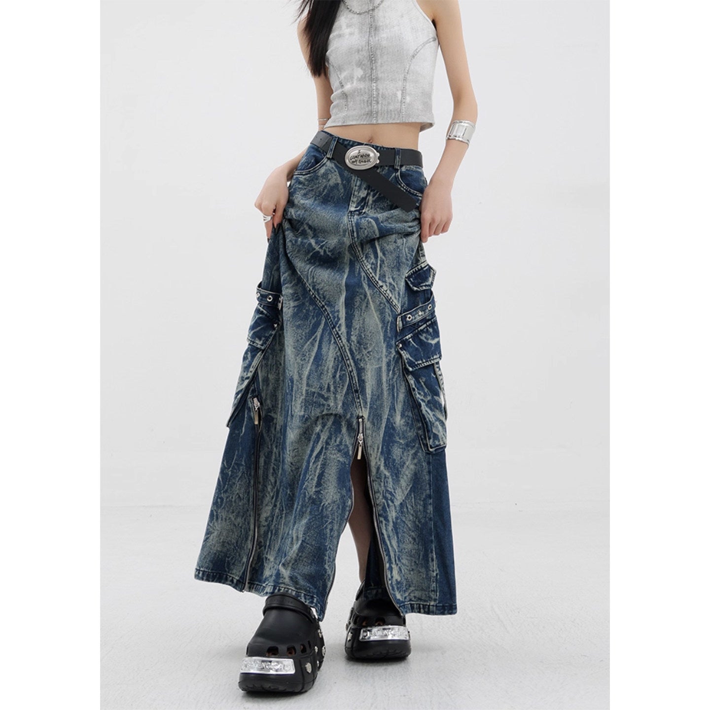 Post-apocalyptic-style denim skirt