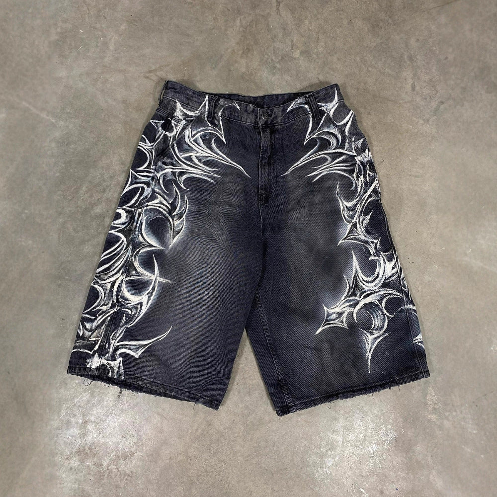 Retro Gothic Printed Denim Shorts