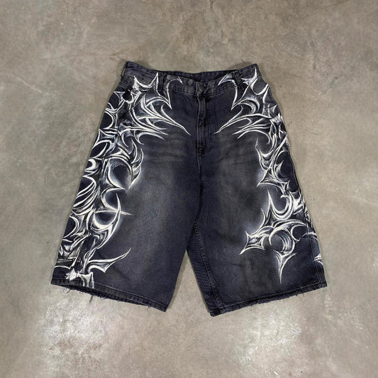 Retro Gothic Printed Denim Shorts