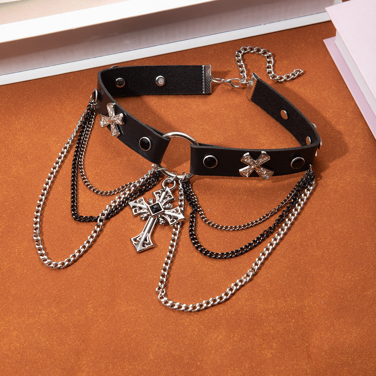 Gothic Leather Choker Necklace with Cross Pendant