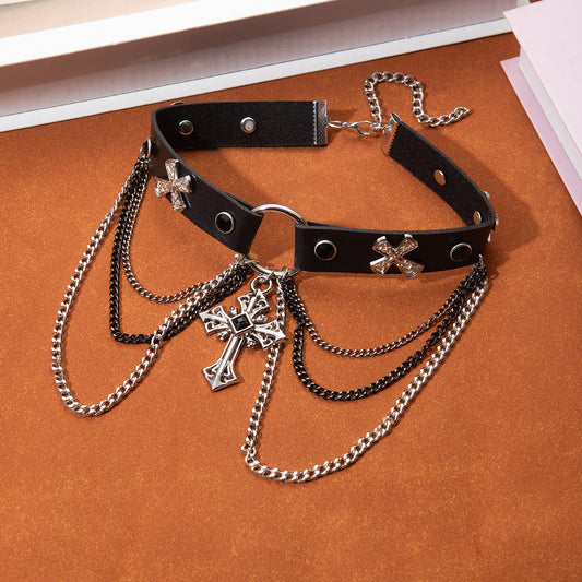 Gothic Leather Choker Necklace with Cross Pendant
