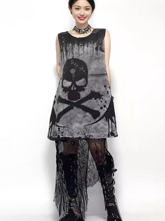 Gothic Sleeveless Skull Print Vest Dress