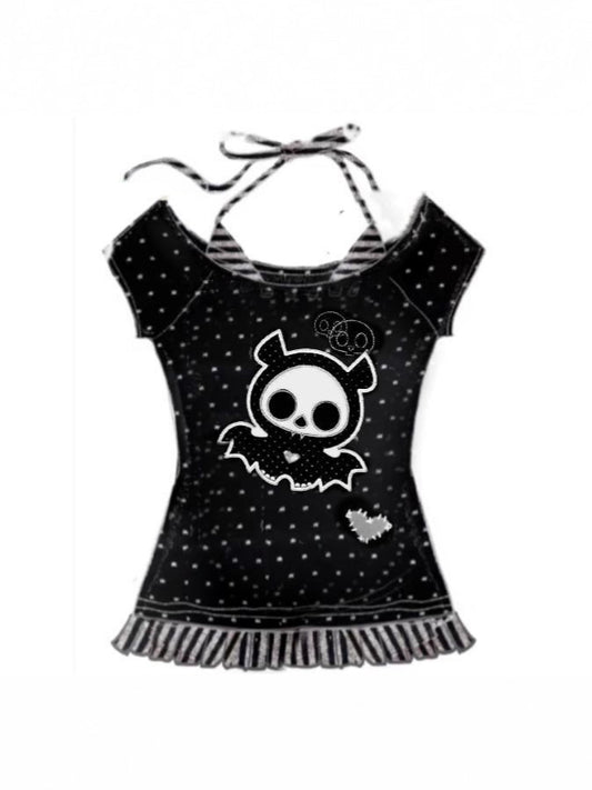Gothic Skeleton Print Off-Shoulder T-Shirt