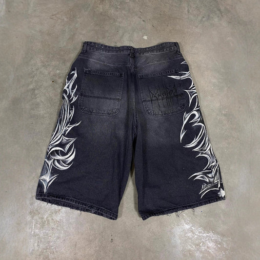 Retro Gothic Printed Denim Shorts