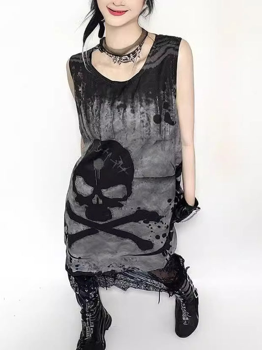 Gothic Sleeveless Skull Print Vest Dress