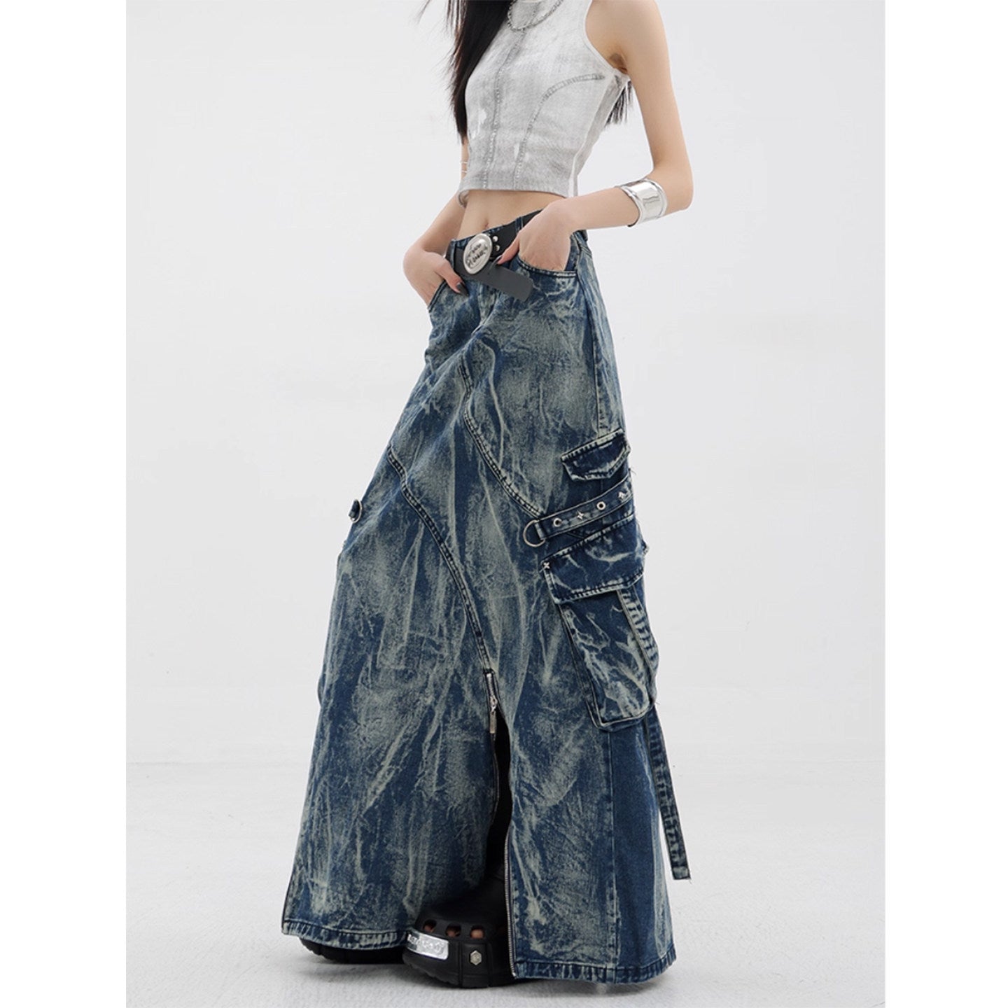 Post-apocalyptic-style denim skirt