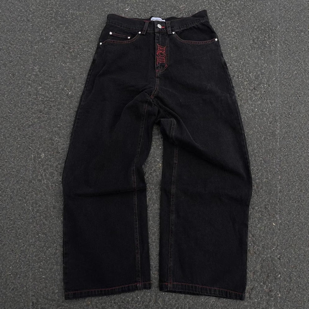 Retro Washed Denim Pants with Skull Embroidery