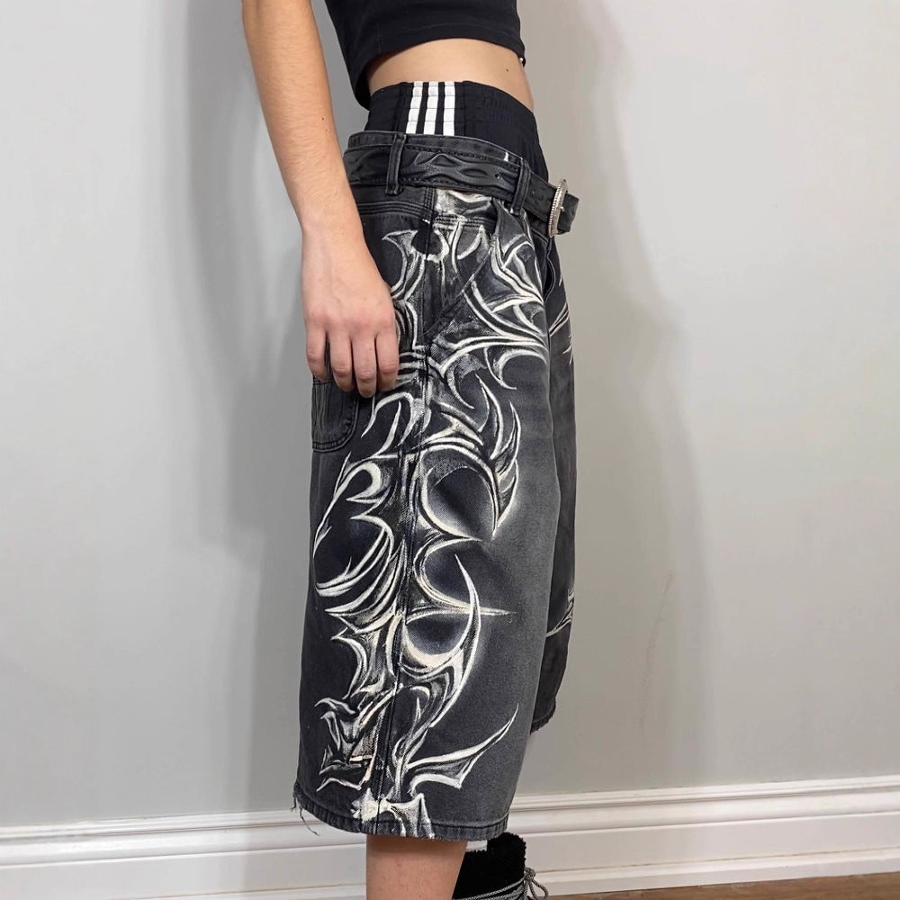 Retro Gothic Printed Denim Shorts