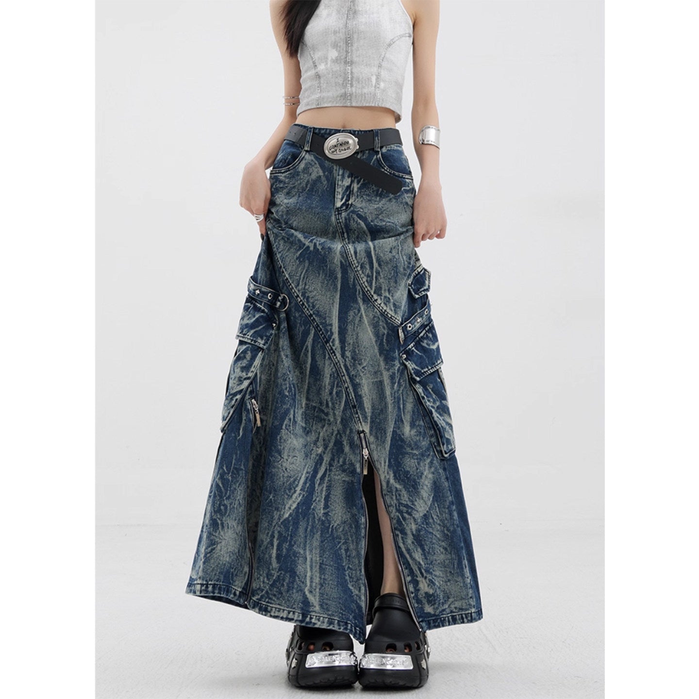 Post-apocalyptic-style denim skirt