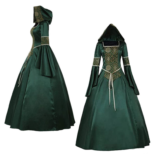 Medieval Gothic Hooded Dress with Flared Sleeves