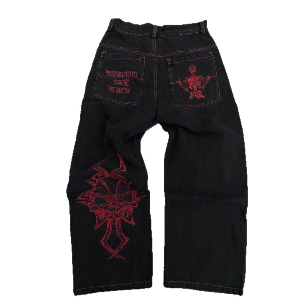 Retro Washed Denim Pants with Skull Embroidery