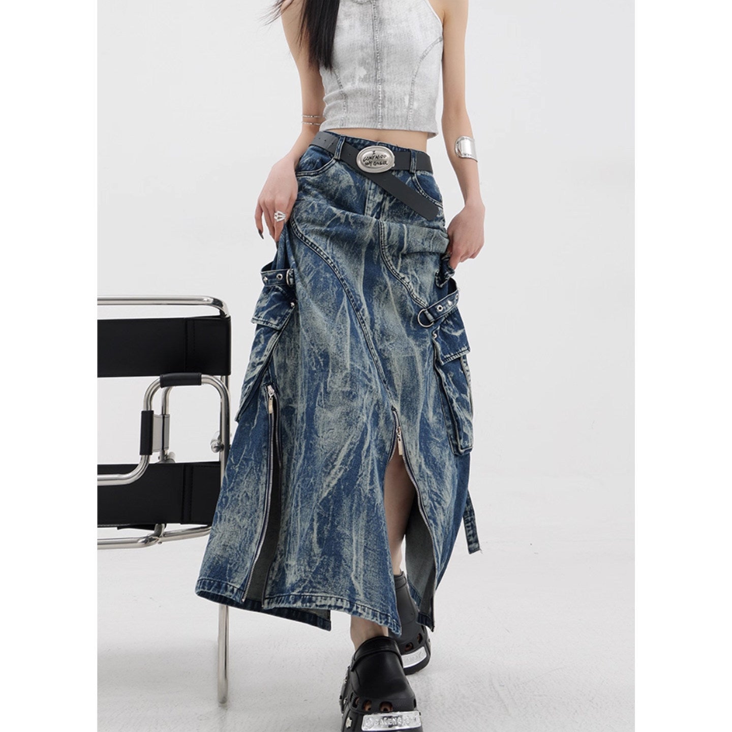 Post-apocalyptic-style denim skirt