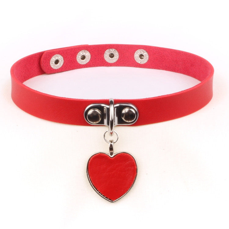 Adjustable Heart Pendant Leather Choker Necklace
